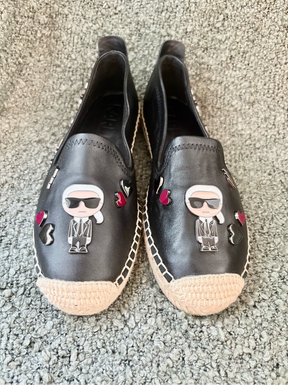 Karl Lagerfeld Black Leather Espadrilles with Beige Jute Toe and Pink Accents